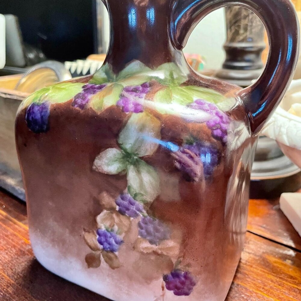 Hand Painted Blackberry Vase Jug Brown Floral Pitcher French Limoges-style